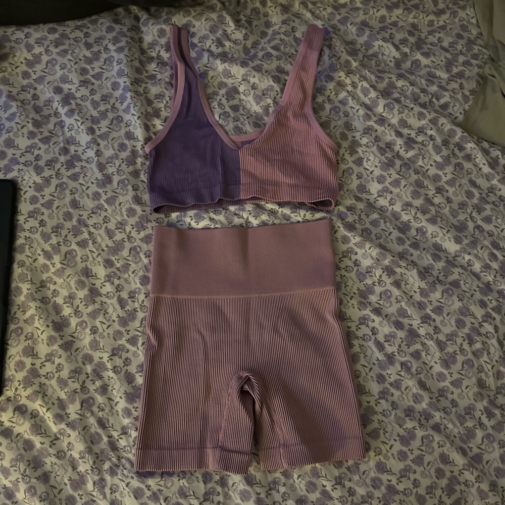 baby pink ribbed yoga set